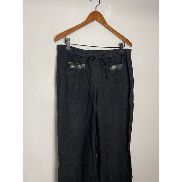 Style co Women's Medium Black Linen Elastic Waist Pants Rhinestone Pockets - Picture 2 of 7